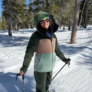 FLYLOW Lucy SoftShell Jacket in Color Block Pine/Chai/Seaglass 2023 season